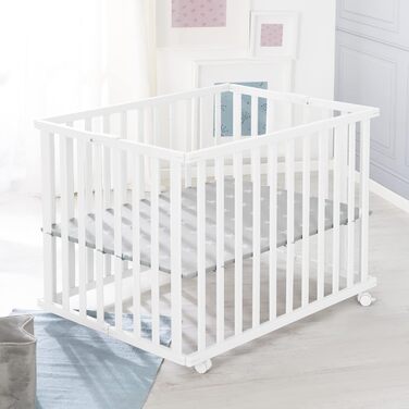 Дитячий манеж roba складаний, білий, дерево, з матрацом Little Stars, 74x100 см, компактний, на колесах