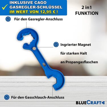 Bluecraft Premium Газовий балон пропановий 10 кг, балон з композитного матеріалу, легкий, з індикатором рівня газу, з газовим регулятором та ключем