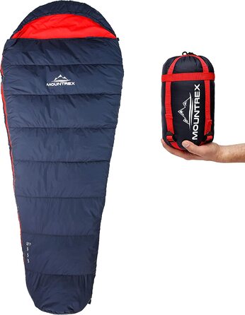 Спальний мішок MOUNTREX ультралегкий 760г, компактний, літній, мумія, для кемпінгу, подорожей, фестивалів, 100GSM, теплий, з'єднуваний, темно-синій/червоний