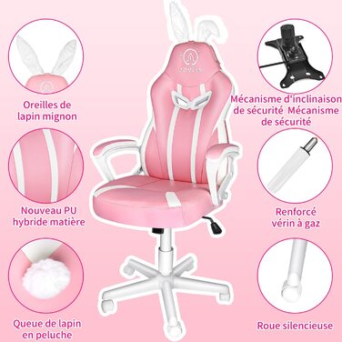 Ігрове крісло JOYFLY рожеве з вушками, ергономічне, PU-шкіра, офісне, для комп'ютера, регульована висота, підтримка спини, з хвостиком