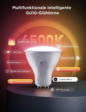 Розумна LED лампа Govee GU10 RGBWW з підтримкою Matter, Alexa та Google Home, Wi-Fi, регулювання яскравості, зміна кольорів, синхронізація з музикою, 56 сценаріїв (1 шт.)