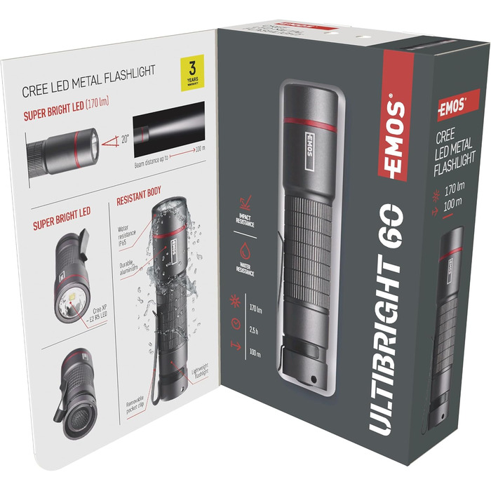 Ліхтарик EMOS Ultibright 60, CREE LED, металевий, ударостійкий і водонепроникний IP65, 170 лм, до 100 м, з кліпсою та ручкою, чорний, для дому та вулиці