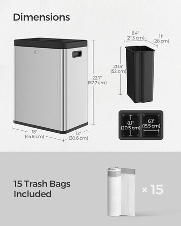 Сміттєвий бак SONGMICS ULTB710E50 з відкритою кришкою, подвійним відділенням для сміття та сортування, нержавіюча сталь, для офісу, ресторану, комерційного використання, 2 шт.