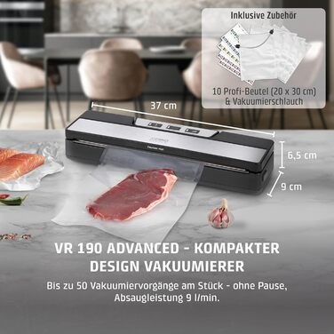 Вакууматор CASO VR 190 advanced — професійний вакуумний пакувальник з широким швом 2,5 мм, 10 пакетів у комплекті