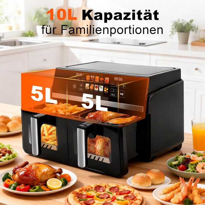 Аерофритюрниця Citybee XXL 10л з двома камерами (5л+5л), сенсорне керування, Dual Zone, 2200 Вт, чорна