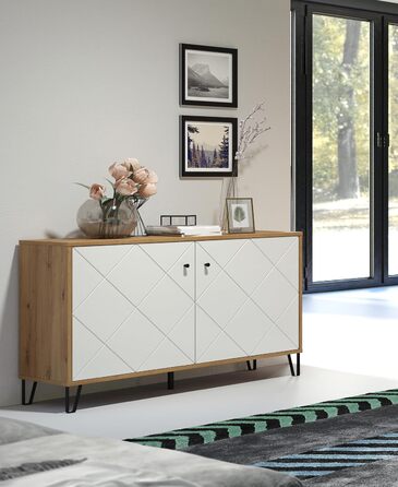 Тумба Trendteam Smart Living Touch Artisan Eiche/Weiß з 2 дверцятами та 4 відділеннями (123 x 76 x 40 см) - житловий шафчик з металевими ніжками