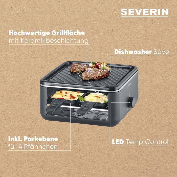 Міні-раклет гриль SEVERIN RG 2360 Black Line для 4 осіб, антипригарна поверхня, глибокі підноси, 600 Вт, компактний настільний гриль