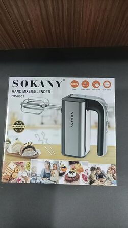 Ручний міксер SOKANY 800Вт з нержавіючої сталі, 5 швидкостей, вихідна кнопка, 2 гаки для тіста та 2 вінички (CX-6651)