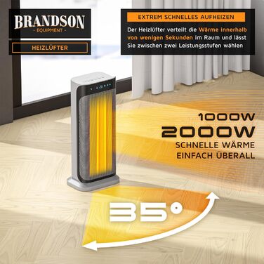Керамічний обігрівач Brandson 2000 Вт з дистанційним керуванням, енергоощадний, тихий, для ванної кімнати, з осциляцією, сріблястий, сертифікат GS, переможець 2024 року