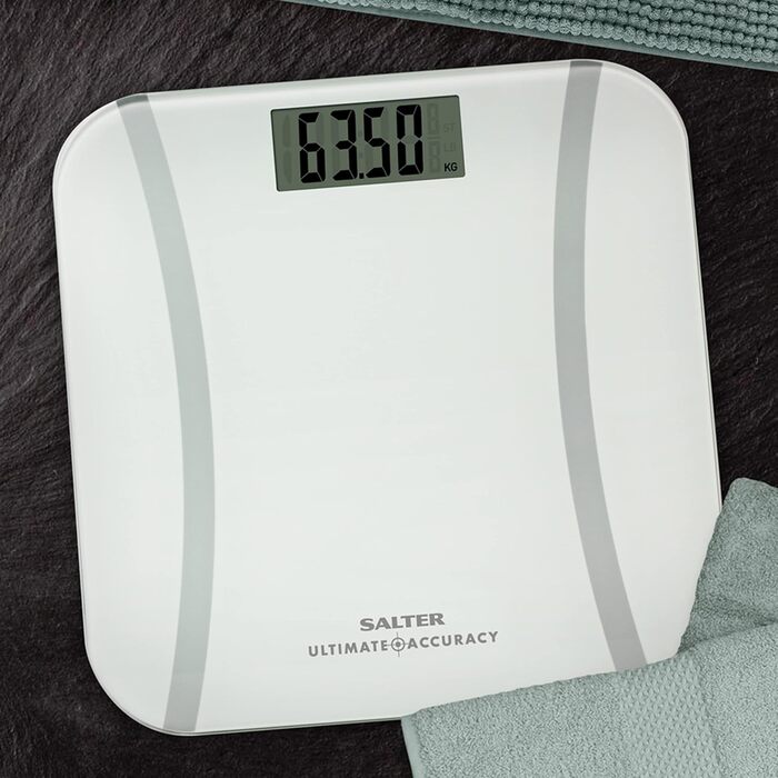 Електронна вага Salter 9073 WH3R для людей, з аналізом жиру, LCD-дисплеєм, скляна, висока точність, крок 50 г, функція Step-on, ніжки для килима, до 180 кг, біла