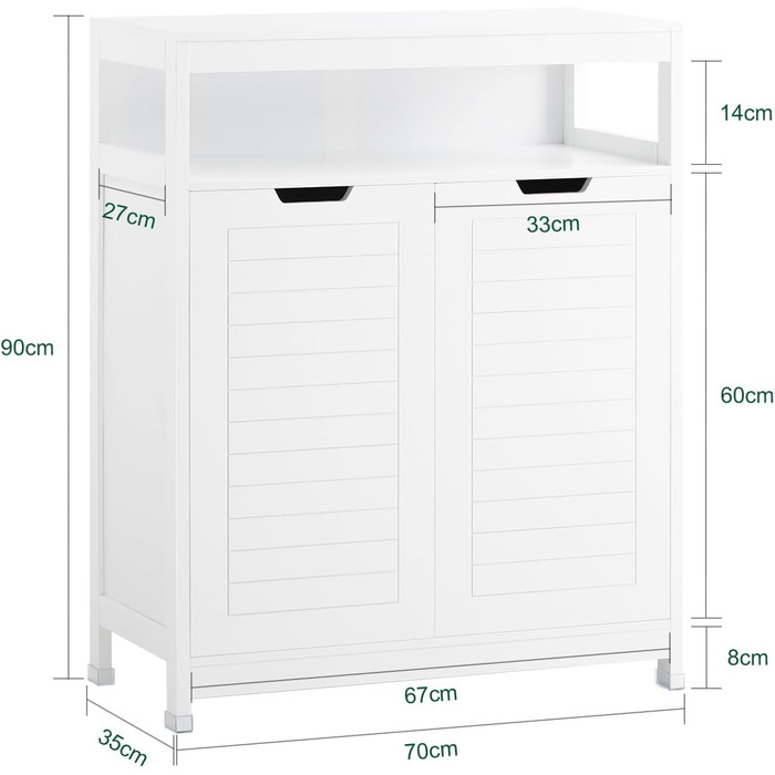SoBuy BZR121-W Комод для ванної з 2 дверцятами, середній білий шафа 70x90x35 см, меблі для ванної, тумба у передпокій