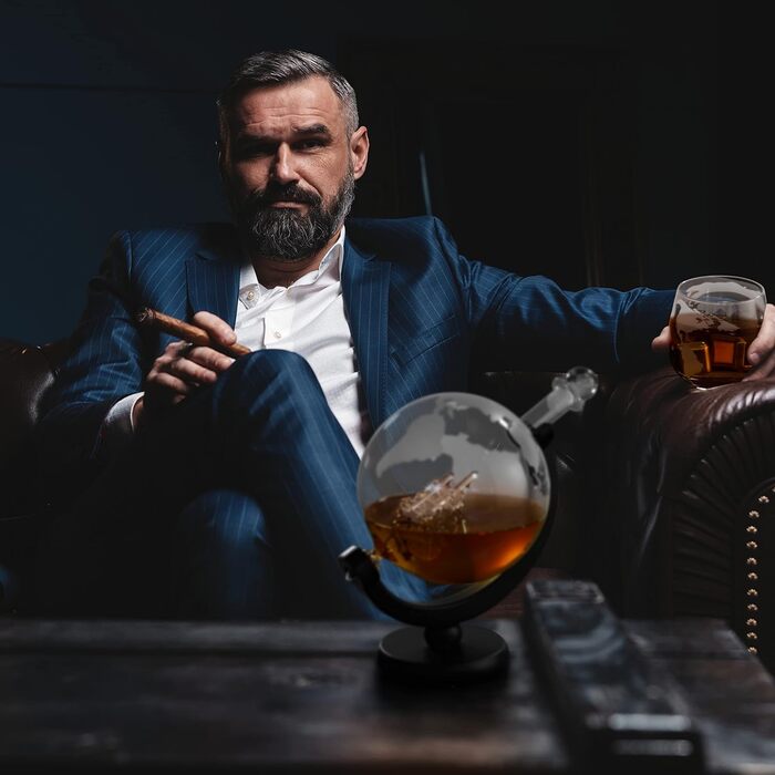 Преміальний віскі-декантер Globus XL з картою світу Oak & Steel, 1500 мл, графин з 2 склянками та 4 віскі-каміннями, подарунковий набір для віскі