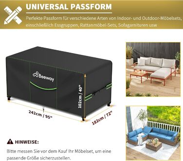 Чохол для садових меблів BEEWAY V2.0 150x90x73 см, водонепроникний, захисний для столів, стільців, комплектів - 420D Oxford, анти-UV, зимовий (Чорний, 242x182x102 см)