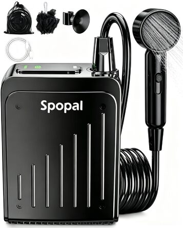 Портативний кемпінговий душ Spopal, водонепроникний IPX8, акумуляторний насос з індикатором рівня заряду та гачком, зарядка Type-C, для подорожей, пляжу, авто та миття тварин