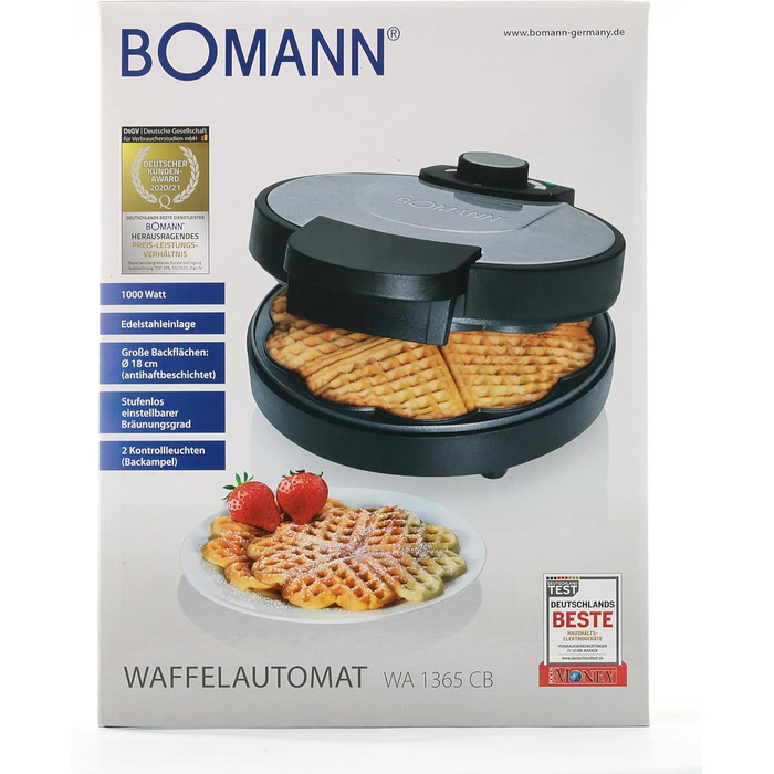 Вафельниця Bomann WA 1365 CB, 1000 Вт, антипригарне покриття, сердечка, регулювання підсмажування, індикатор готовності, нерж. сталь, Ø18 см