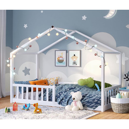 Дитяче ліжко-домік Bellabino Bia 80x160 см, біле, з бортиком і основою, Montessori підлогове ліжко з масиву сосни