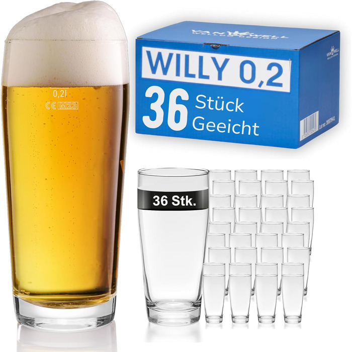 Набір келихів для пива Van Well Willibecher 0.2л (36 шт) - Преміум якість, для ресторану та дому
