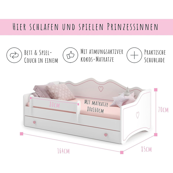 Дитяче ліжко Kids Collective 80x160 см з висувним ліжком і двома матрацами, захист від падіння, трансформер, біло-рожеве, для дівчаток, принцеса, диван-ліжко