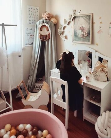 Дитячий туалетний столик KidKraft Deluxe з дзеркалом і стільчиком, білий, дерев'яний, для дітей, з шухлядами, меблі для дитячої кімнати, 13018