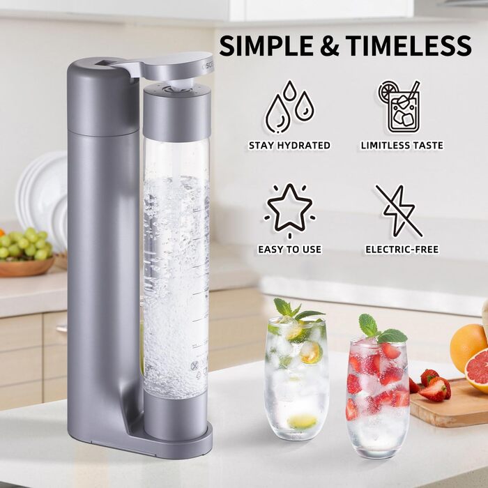Сифон для газування води Seltzer, домашній содомакер з 2 BPA-free пляшками по 1 л, сумісний з балонами CO2 60 л (сірий)
