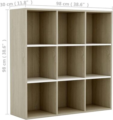 vidaXL книжкова шафа з 9 відділеннями, біла та дуб сонома, 98x29x97,5 см, стелаж для книг і документів, деревостружкова плита