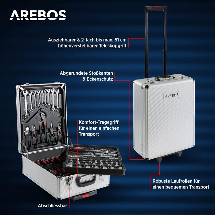 Набір інструментів Arebos 1200 предметів в алюмінієвому кейсі на колесах | Валіза для інструментів з 4 відділеннями та телескопічною ручкою | Майстерня, гараж, дім