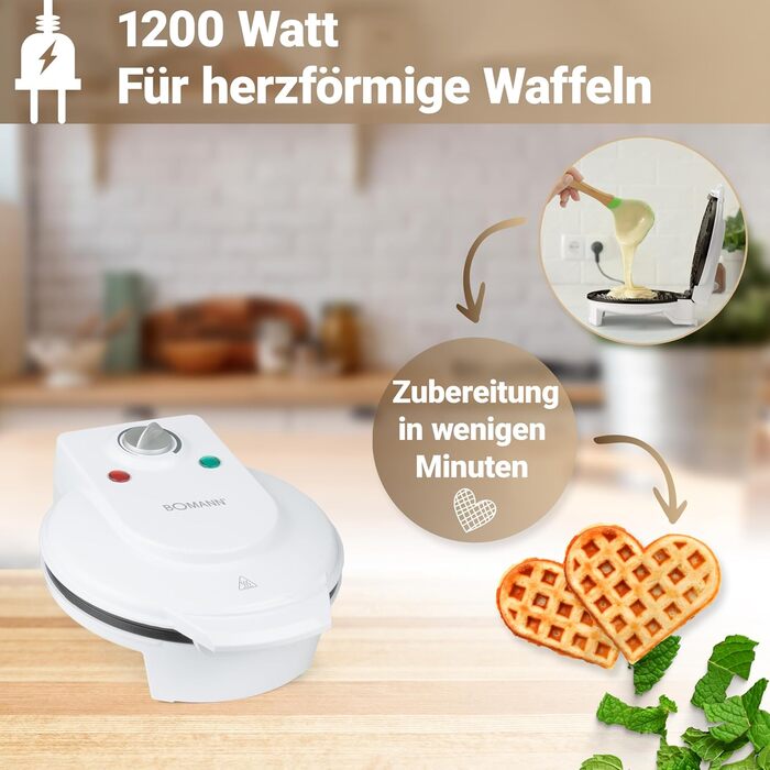 Вафельниця Bomann WA 5018 CB, 18 см, антипригарна, серце, біла, регульована потужність