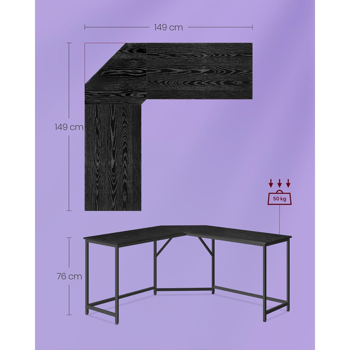 VASAGLE кутовий письмовий стіл L-подібний 149x149x76 см, ігровий та офісний, для домашнього кабінету, компактний, легке складання, грейдж з чорним