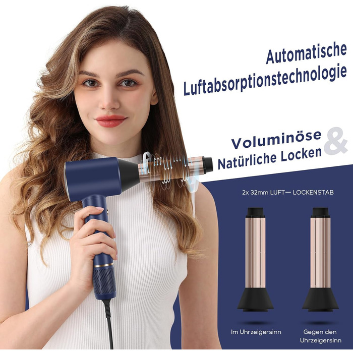 Фен PARWIN PRO BEAUTY Air-Sonic з HD-LED дисплеєм, безщітковий мотор 110000 об/хв, 2 автоматичні насадки для завивки 32 мм, потужний повітряний потік 25 м/с, швидка сушка, синій