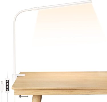 Lepro LED настільна лампа з кліпсою, архітекторська лампа зі згинаним кронштейном, настільна лампа з USB, захистом для очей, 3 кольори та 10 рівнів яскравості, для офісу, біла