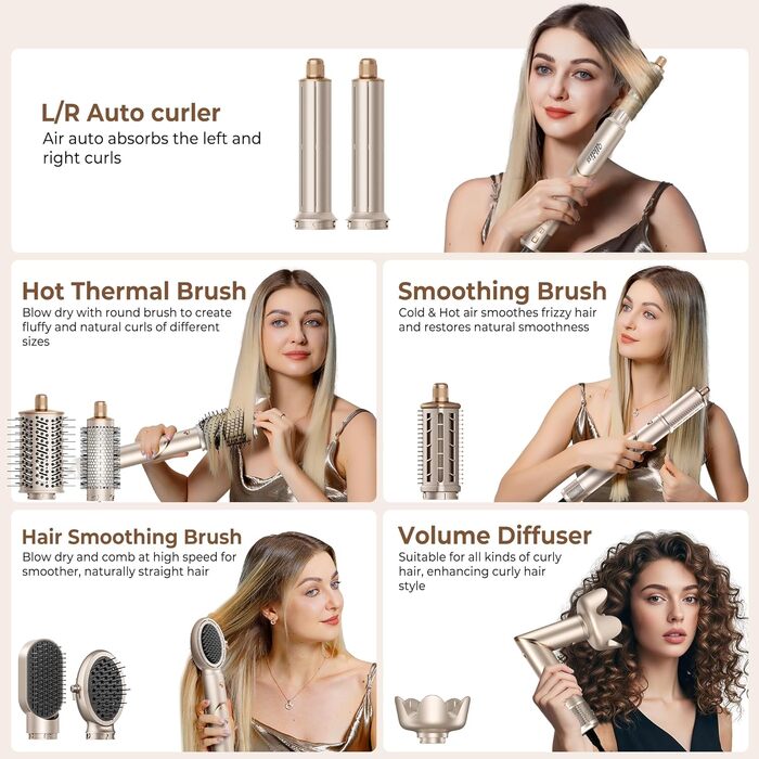 UKLISS Hairstyler Airstyler 8-в-1: Фен-щітка, випрямляч, плойка, насадки для об'єму та іонізація - Швидке сушіння для всіх типів волосся, колір шампань