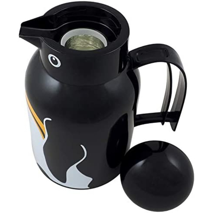 Термос Helios Thermoskanne Thermo-Bird Pinguin 1L, 6 годин, підтримує температуру напоїв, зручний вилив через носик, міцний пластик, чорний