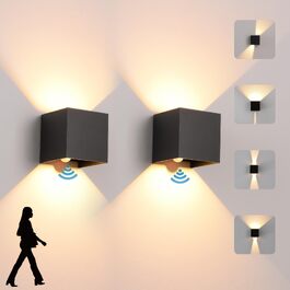Набір LED настінних світильників з датчиком руху (2 шт), 12Вт, IP65 водонепроникні, тепле біле світло 3000K, регульований кут освітлення вгору та вниз, чорні