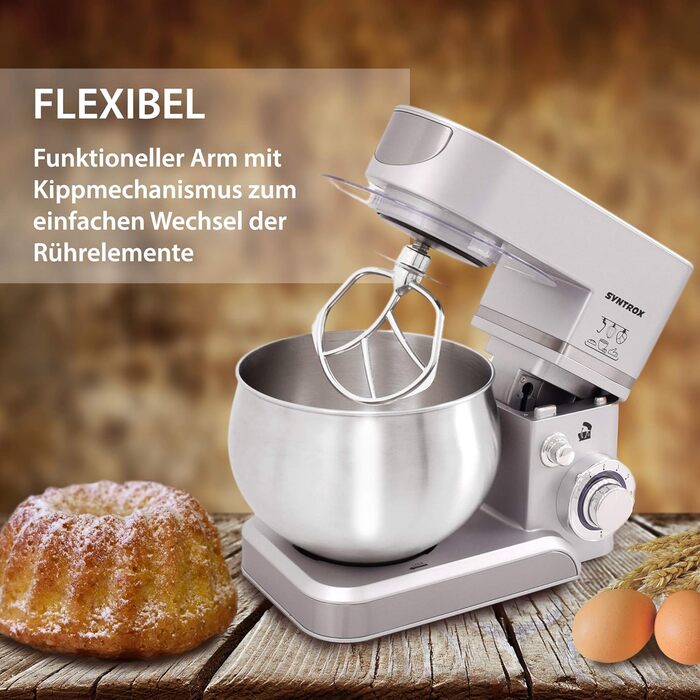 Кухонна машина Syntrox Germany KM-5.0L Basic Silver, 5 л, срібляста, міксер з нержавіючої сталі