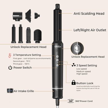 Hairstyler UKLISS Pro 7-в-1 з іонізацією: фен-щітка, кругла щітка, аеробраш для створення локонів (Чорний)