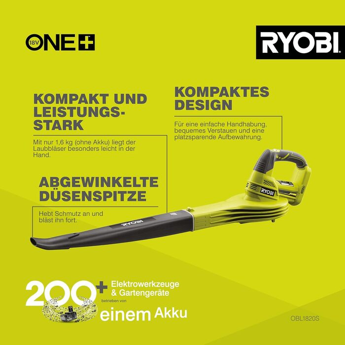 Акумуляторний повітродув RYOBI ONE+ OBL1820S 18V (245 км/год, 2.6 м³/хв) без акумулятора та зарядного пристрою