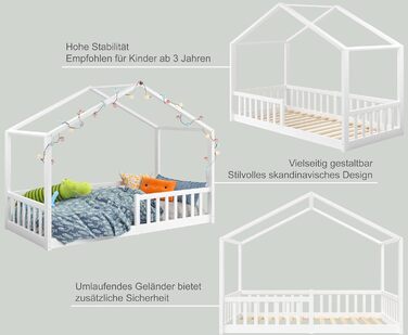 Дитяче ліжко-домік Bellabino Bia 80x160 см, біле, з бортиком і основою, Montessori підлогове ліжко з масиву сосни