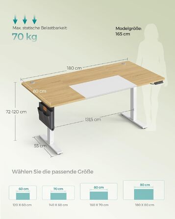 Електричний регульований стіл SONGMICS LSD130KD01 (180x80 см, колір натуральний дуб + матовий білий) з пам'яттю висоти для офісу