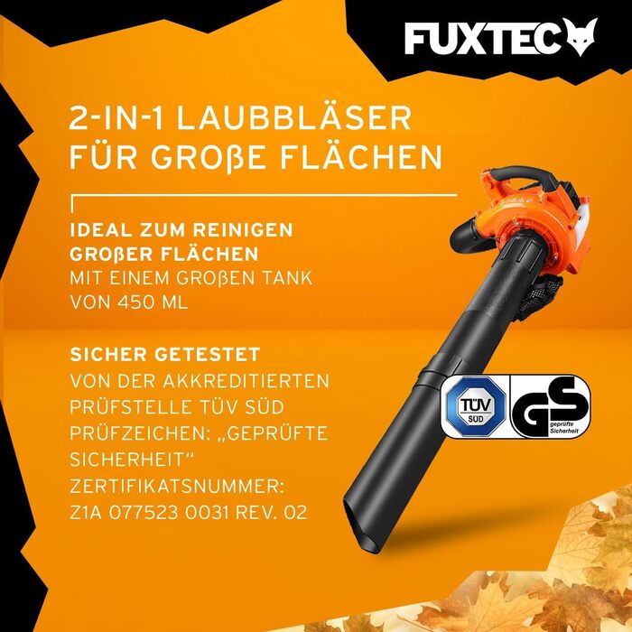 Бензиновий листозбирач/подрібнювач FUXTEC FX-LBS126 4в1 з 2 повітропроводами та мішком 45л – потужний, протестований, швидкість 71 м/с