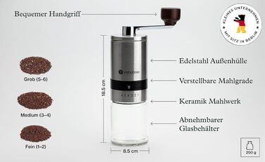 Кавомолка ручна з нержавіючої сталі з керамічними жорнами, 6 ступенів помелу | для еспресо та фільтр-кави | ідеальна для дому, свіжі зерна - срібляста