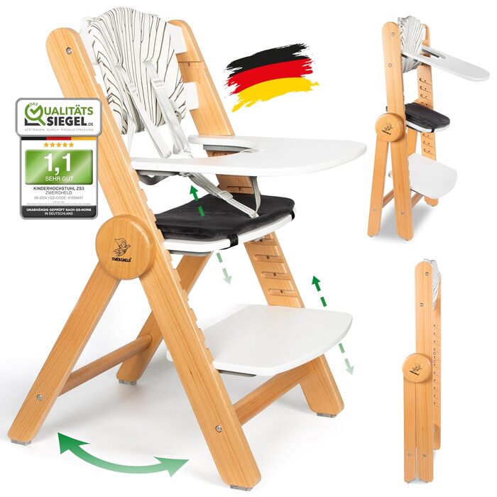Дитячий стільчик ZWERGHELD® ZS3 Set - преміум якість, з регулюванням, складний, для дітей від 6 місяців до 90 кг, з підносом, дерев'яний (натуральний колір)