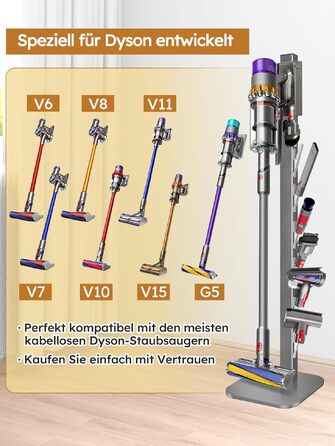 Стійка для пилососа Dyson Gen5 V15 V12 V11 V10 V8 V7 V6 – на підлогу, з 6 гачками, срібляста