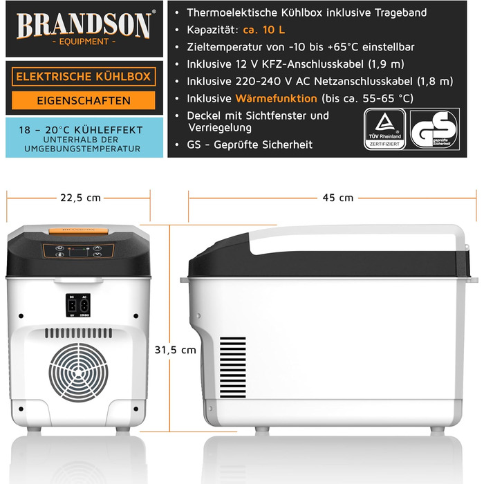 Автомобільний холодильник/термобокс електричний Brandson 10л (230V/12V), охолодження до +20°C, нагрів до 65°C, білий