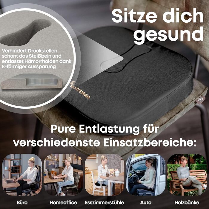 Ортопедична подушка для сидіння SANTERGO, формостійка та комфортна, для офісного крісла та авто, чорна, середня жорсткість, 65-90 кг