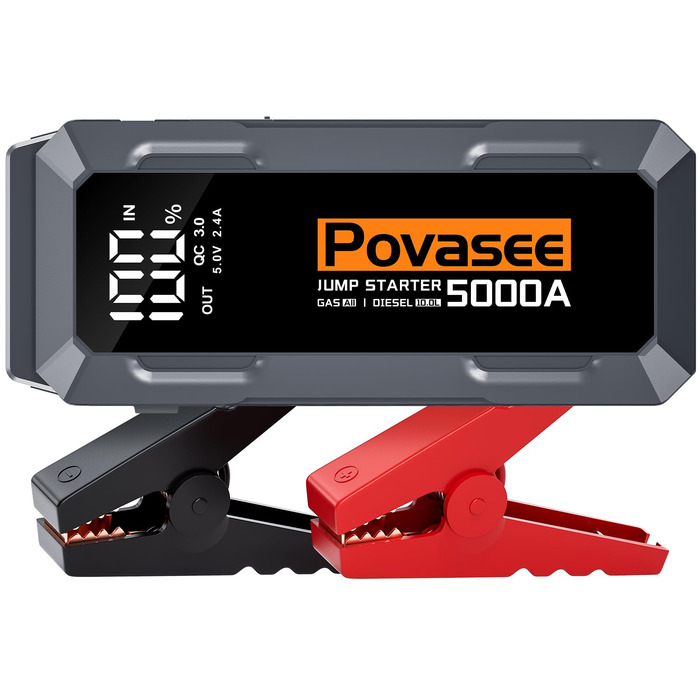 Бустер автозапуску Povasee Starthilfe Powerbank 5000A для бензинових та дизельних двигунів (до 10л), пусковий пристрій 12V з LCD-дисплеєм, USB-портами та LED-ліхтарем, сірий
