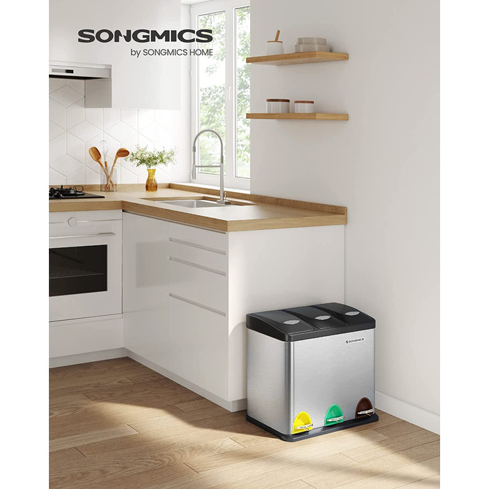 Сортувальний смітник SONGMICS для кухні, 3×8 л, сталевий, з педалями і кришками, для маленьких сімей, легке очищення, сріблясто-чорний