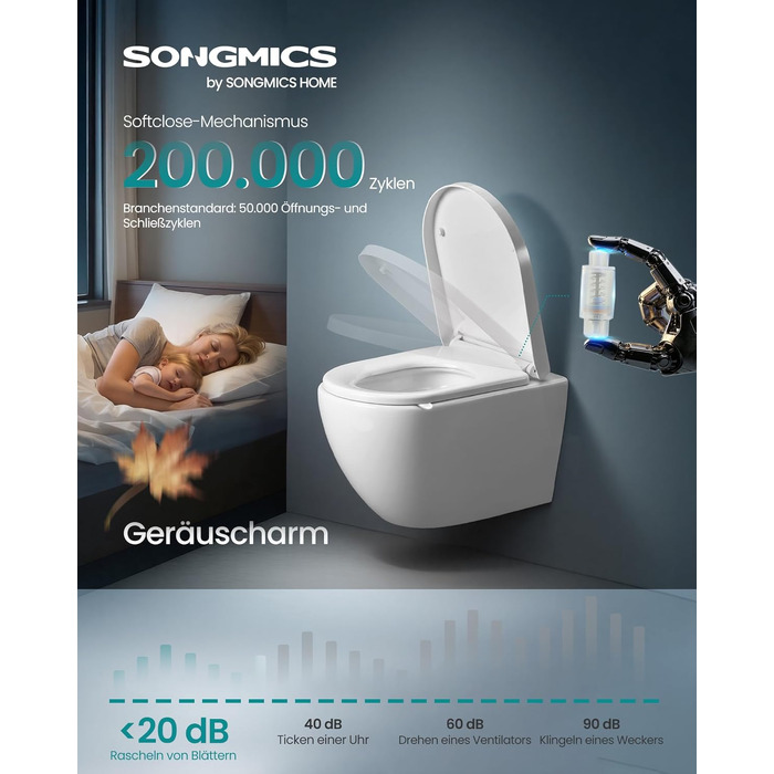 Сидіння для унітаза SONGMICS D-подібне з мікроліфтом (повільним опусканням), біле, поліпропілен, витримує до 300 кг, BTL003WZ01