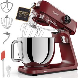 Планетарний міксер Küchenmaschine 1800W з чашею з нержавіючої сталі 7л, тістоміс для хліба та піци, 10 швидкостей з таймером, набір насадок та захисним екраном (Червоний)