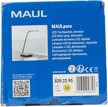 Світлодіодна настільна лампа Maul Maulpure, димована, офісна, денне світло, USB зарядка для смартфона/годинника, 7-ступінчастий димер, сенсорне керування, срібляста