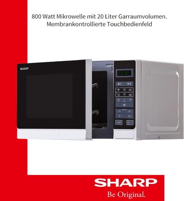 Мікрохвильова піч Sharp R242INW, 20 л, 800 Вт, 5 режимів, 8 авто програм, розморожування за вагою і часом, дитячий захист, енергозбереження, скляний піддон 25,5 см, срібляста